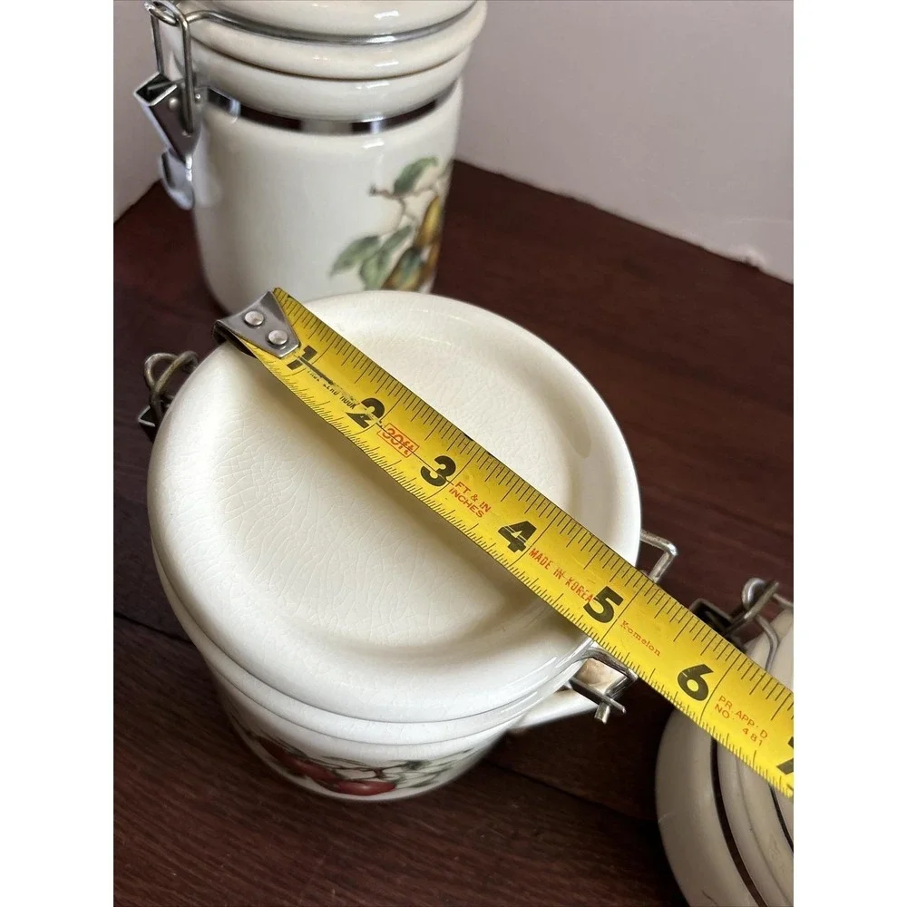 Vintage Ceramic Food Canister Set Pears Apples Grapes‎ With Wooden Spoons